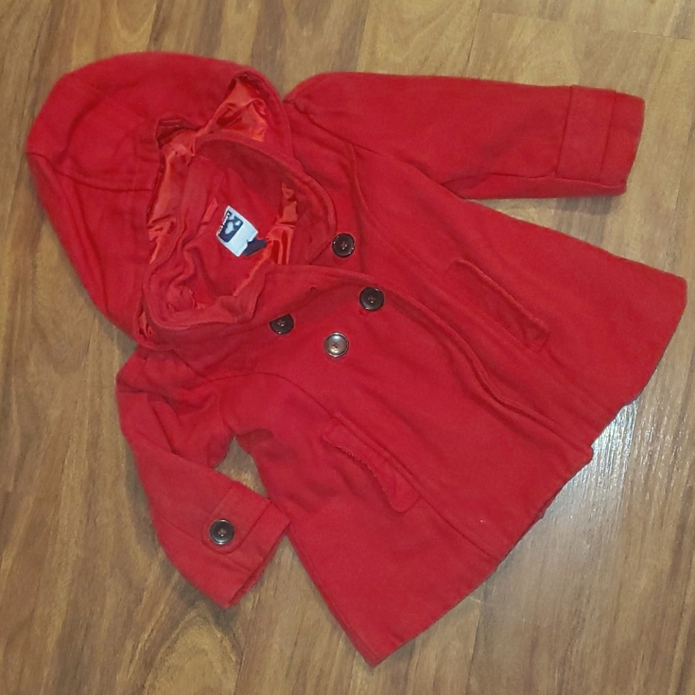 Girl's red Old Navy pea coat with hood. Size 2T